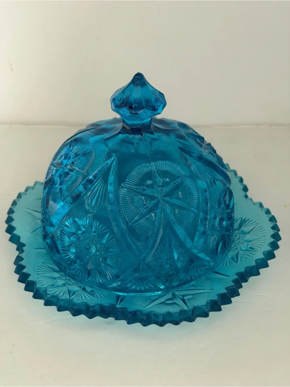 Bright Blue Pressed Glass Covered Cheese Dish